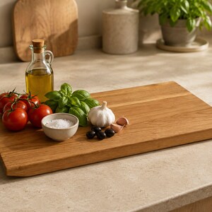 May include: A rectangular wooden cutting board with a natural grain finish. On the board are a glass cruet of olive oil with a cork stopper, a small ceramic bowl of white salt, red tomatoes on the vine, fresh green basil, garlic, and black olives.