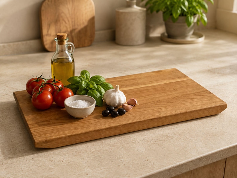 May include: A rectangular wooden cutting board with a natural grain finish. On the board are a glass cruet of olive oil with a cork stopper, a small ceramic bowl of white salt, red tomatoes on the vine, fresh green basil, garlic, and black olives.