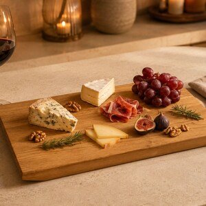 May include: A rectangular wooden serving board featuring a selection of blue cheese, brie, sliced hard cheese, prosciutto, red grapes, a halved fig, walnuts, and sprigs of rosemary. A glass of red wine sits to the left of the board on a stone surface.