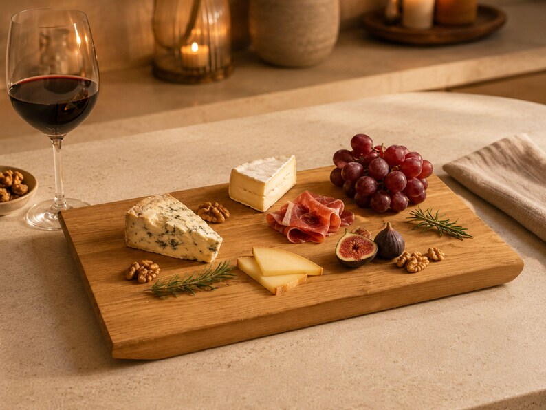 May include: A rectangular wooden serving board featuring a selection of blue cheese, brie, sliced hard cheese, prosciutto, red grapes, a halved fig, walnuts, and sprigs of rosemary. A glass of red wine sits to the left of the board on a stone surface.