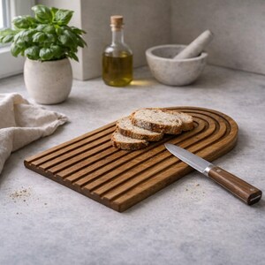 May include: A wooden breadboard with a grooved surface, holding three slices of bread and a knife. The board is brown, with a curved top. A bottle of oil, a mortar and pestle, and a potted plant are in the background.