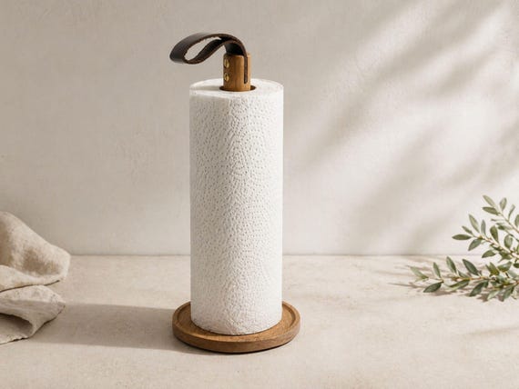 Küchenrollenhalter aus Eiche mit Lederschlaufe | handgemacht & geölt | Holz Küchenrollenhalter freistehend | Küchenpapierhalter modern