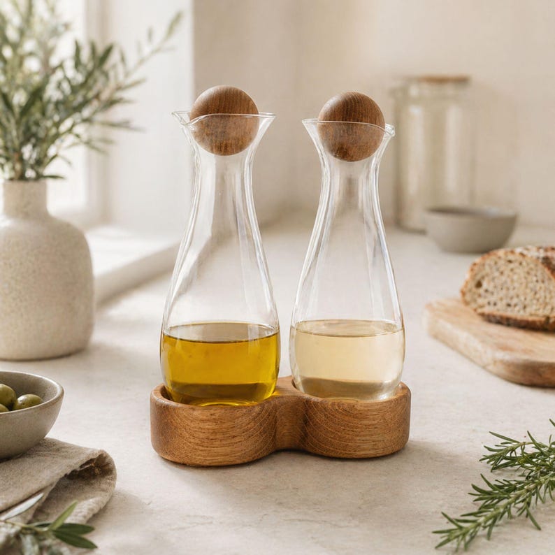 Juego de vinagre y aceite con soporte de roble | Botellas Sagaform de 300 ml | Soporte de roble hecho a mano | Dispensador de aceite y vinagre de cocina | MA Holzdesign