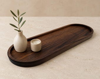 Bandeja de madera maciza de nogal | Bandeja decorativa ovalada | Bandeja de madera hecha a mano | Decoración Japandi | Decoración para mesa de centro | Decoración escandinava para el hogar