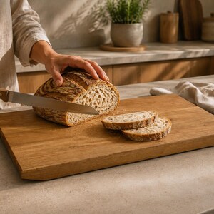 May include: A rectangular wooden cutting board with a natural grain finish. A serrated bread knife is slicing a loaf of crusty sourdough bread, with two pre-cut slices resting on the board surface. The board features beveled edges.