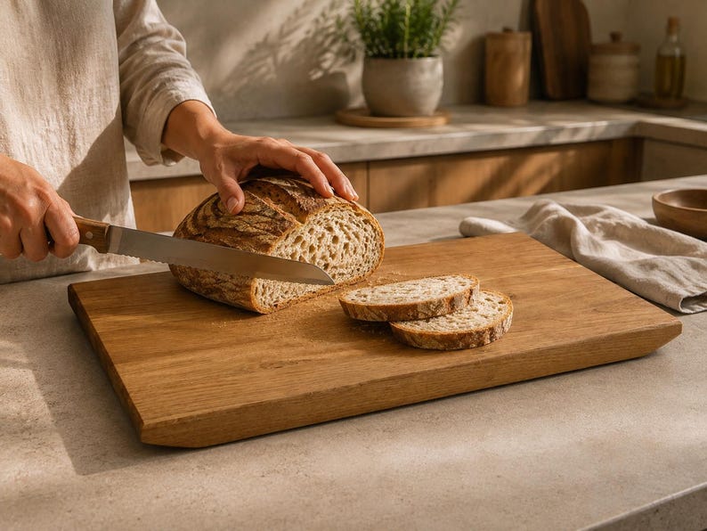 May include: A rectangular wooden cutting board with a natural grain finish. A serrated bread knife is slicing a loaf of crusty sourdough bread, with two pre-cut slices resting on the board surface. The board features beveled edges.