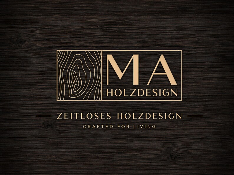 May include: A gold-colored logo on a dark wood grain background. The logo features the letters "MA" above the word "HOLZDESIGN" within a rectangular frame. Below, the text reads "ZEITLOSES HOLZDESIGN" and "CRAFTED FOR LIVING".