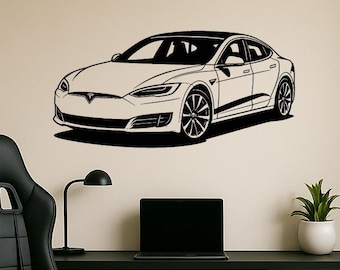 Model S car wooden wall art – laser-cut electric car silhouette, modern gift for car lovers and tech enthusiasts