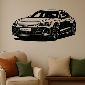 Könnte beinhalten: Schwarz-Weiß-Illustration eines Audi RS e-tron GT. Das Auto wird in der Seitenansicht dargestellt, wobei sein schlankes Design und die Räder hervorgehoben werden. Der Text "RS e-tron GT" ist auf der Vorderseite zu sehen.