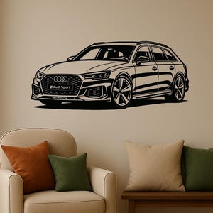 Pode incluir: Desenho a traço preto e branco de um Audi RS6 Avant. O carro é retratado em perfil, mostrando seu design elegante e suas características esportivas. O logotipo Audi Sport é visível na grade frontal.