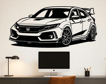 Civic Type R décoration murale bois – Silhouette voiture japonaise sport, art mural découpé laser, cadeau passionnés auto, garage