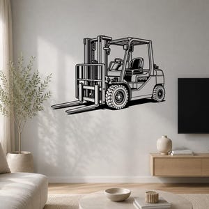 May include: A black and white wall decal featuring a detailed illustration of a Toyota forklift. The graphic shows the vehicle in profile with a prominent mast, forks, and heavy-duty tires, clearly displaying the Toyota brand name on the side.