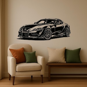 Puede incluir: Ilustración en blanco y negro de un coche deportivo. El coche es un coupé con un perfil bajo, ruedas detalladas y una prominente parrilla delantera. La imagen es una decoración de pared.