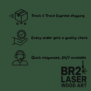 K&ouml;nnte beinhalten: Eine dunkelgr&uuml;ne Grafik mit schwarzer Linienkunst und Text. Der Text enth&auml;lt "Track & Trace Express shipping", "Every order gets a quality check" und "Quick responses, 24/7 available". Das Logo von BR2 Laser Wood Art ist ebenfalls vorhanden.