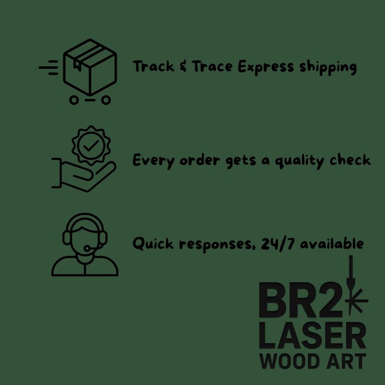 K&ouml;nnte beinhalten: Eine dunkelgr&uuml;ne Grafik mit schwarzer Linienkunst und Text. Der Text enth&auml;lt "Track & Trace Express shipping", "Every order gets a quality check" und "Quick responses, 24/7 available". Das Logo von BR2 Laser Wood Art ist ebenfalls vorhanden.