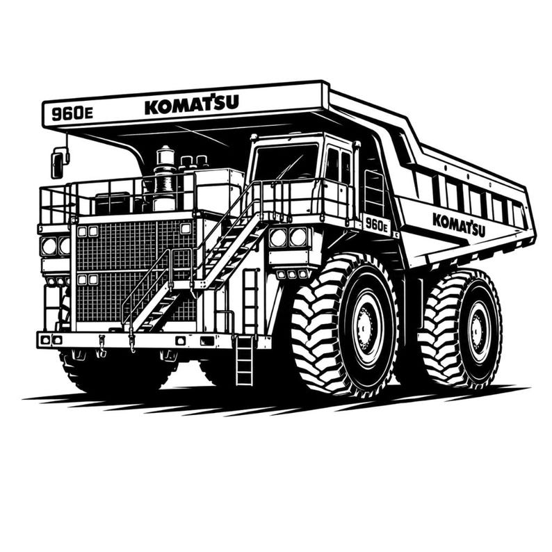 K&ouml;nnte beinhalten: Schwarz-Wei&szlig;-Illustration eines Komatsu 960E Muldenkippers. Das Bild zeigt die gro&szlig;en Reifen des Lkw, die Kabine und das Komatsu-Logo. Der Lkw hat eine Leiter und eine gro&szlig;e Mulde zum Transport von Materialien.