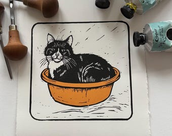 Katze in der Tasse | Handgefertigter Linolschnitt | 15 x 15 cm