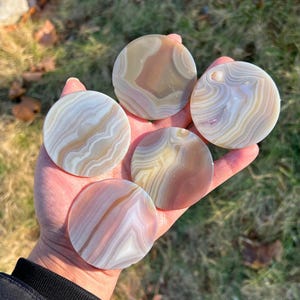 Puede incluir: Cinco piedras de ágata pulidas y redondas en tonos crema, marrón y beige se sostienen en una mano. Las piedras muestran patrones de bandas naturales y variaciones de color, creando una apariencia única. El fondo está borroso, mostrando hierba verde.