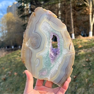 May include: A polished agate geode slice with a central cavity filled with purple amethyst crystals. The agate features bands of white, grey, and tan, with hints of green. The natural stone is held up against a blurred outdoor background.