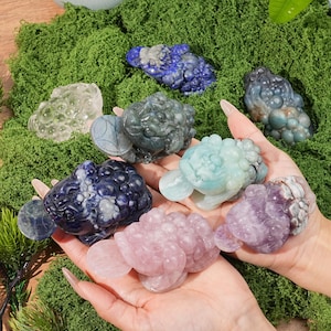 Può includere: Una collezione di tartarughe scolpite in pietre preziose di vari colori, tra cui blu, verde, rosa e viola. Le tartarughe sono esposte su un letto di muschio verde.