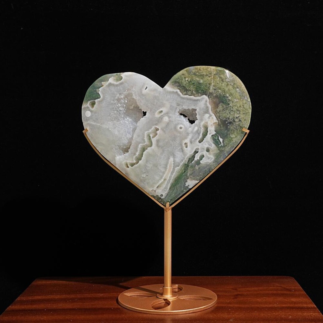 Geode Heart 1.45LB Natural Moss Agate Geode Heart With Holder,crystal Geode Cluster ...