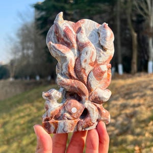 Puede incluir: Una escultura de piedra tallada con un diseño orgánico y arremolinado. La escultura presenta tonos de rojo, blanco y marrón, con un acabado pulido. Los intrincados detalles y la forma única sugieren una pieza de arte decorativo o un objeto de colección.