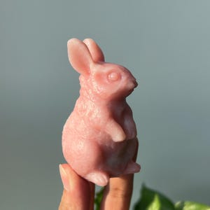 May include: A pink bunny figurine with detailed features, including upright ears and a textured surface. The bunny is in a seated position, with its paws resting in front. The figurine is a solid, light pink color.