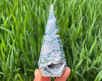 Esclusiva torre in agata muschiata naturale, punta di cristallo, bacchetta di quarzo, regalo per la guarigione Reiki, decorazione per la casa