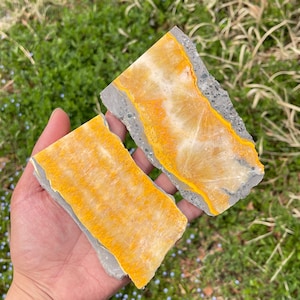 Peut inclure: Deux pierres brutes rectangulaires avec un contraste de couleurs saisissant. Les pierres présentent un centre jaune-orangé vif, bordé d'un bord extérieur gris. La texture naturelle et les variations de couleurs créent une esthétique unique et terreuse.