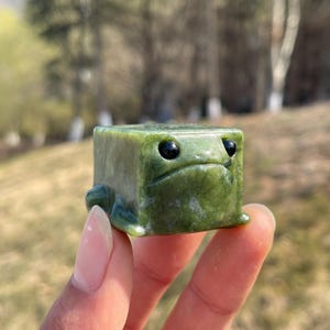 May include: A green jade frog figurine with black eyes and a square body. The frog has a carved, slightly grumpy expression and small feet. The figurine is held in a hand against a blurred outdoor background.