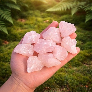 May include: A handful of rough, light pink rose quartz stones. The stones are irregularly shaped and vary in size. The background is blurred, showing green grass and foliage.