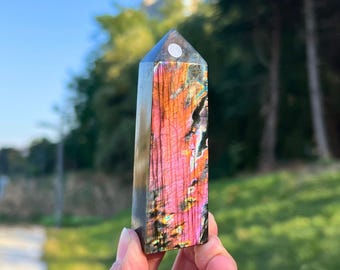 Unieke natuurlijke labradorietpuntkristal, labradoriet-obelisk, paarse flitstoren, energiegeschenken, woondecoratie