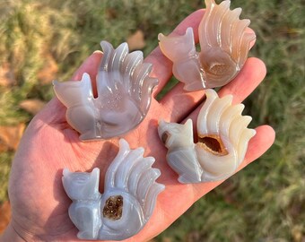 アメジストジオードのキツネの彫刻、天然瑪瑙クリスタルの九尾のキツネ 