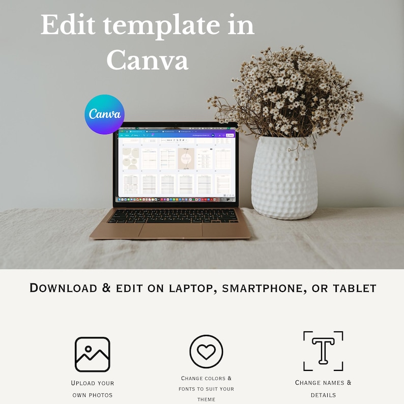 May include: A laptop displaying a template design, with the text "Edit template in Canva" at the top. Below, the text reads "Download & Edit on Laptop, Smartphone, or Tablet." Icons for uploading photos, changing colors, and editing details are also present.