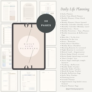 May include: A digital planner with 30 pages, featuring a variety of layouts for daily, weekly, and monthly planning. Includes sections for to-do lists, habit tracking, and goal setting. The design is minimalist with a neutral color palette.
