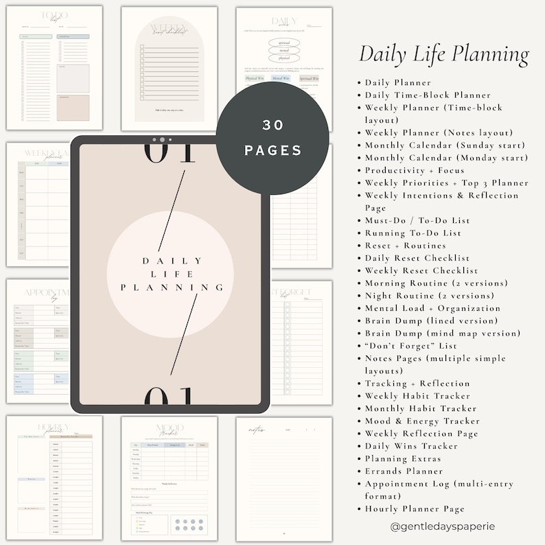 May include: A digital planner with 30 pages, featuring a variety of layouts for daily, weekly, and monthly planning. Includes sections for to-do lists, habit tracking, and goal setting. The design is minimalist with a neutral color palette.