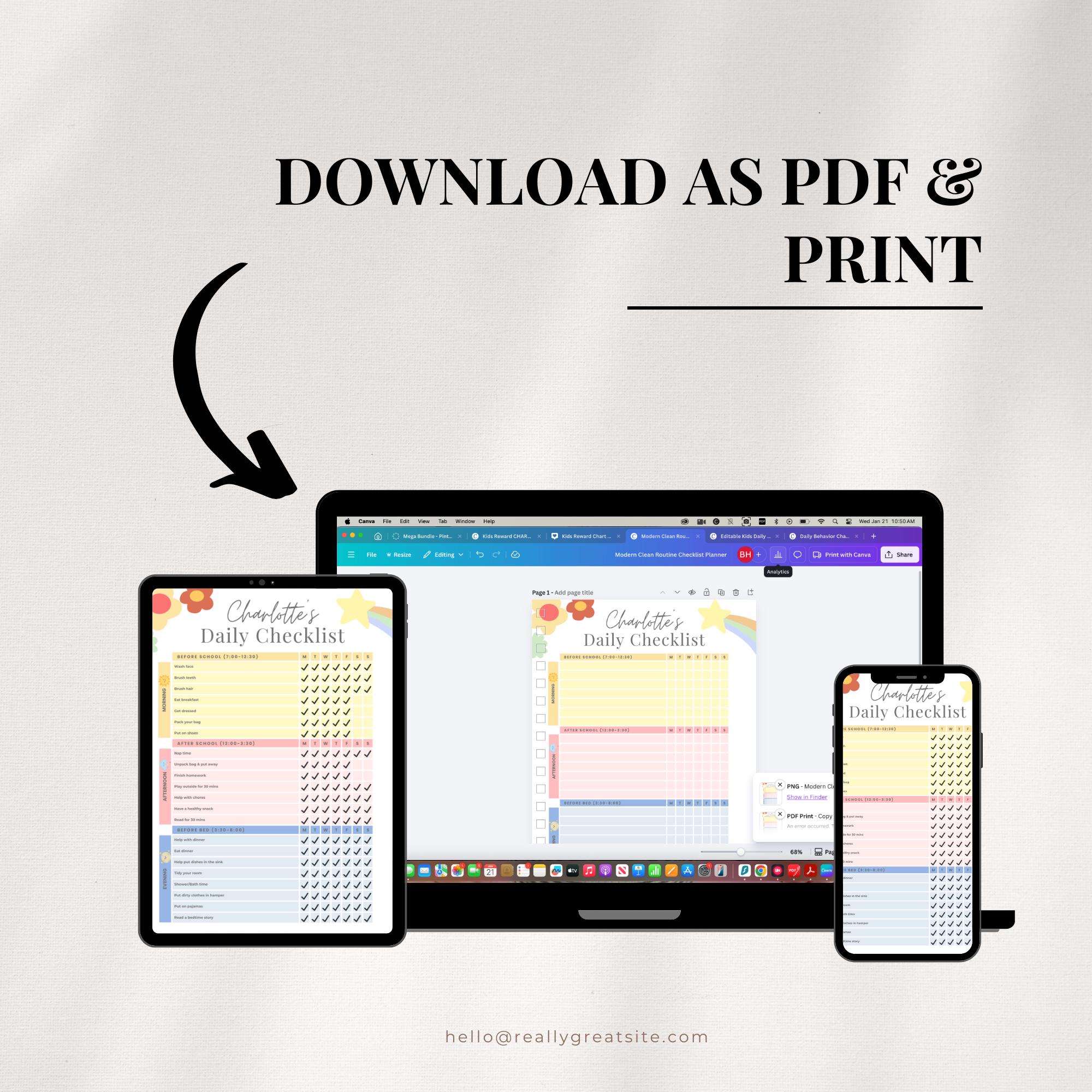 Kids Daily Checklist | Editable Routine Chart, Canva Template (PDF ...