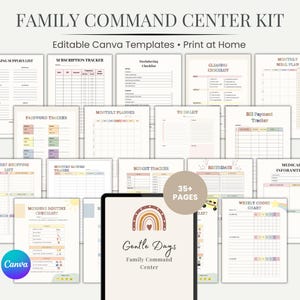 Pode incluir: Um conjunto de modelos imprimíveis para um kit de Centro de Comando Familiar. Os modelos incluem um rastreador de assinaturas, uma lista de verificação de limpeza, um planejador mensal, uma lista de tarefas e muito mais.