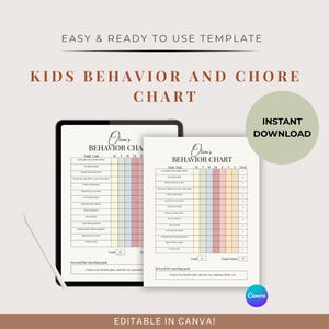 Puede incluir: Una plantilla digital e impresa de tabla de comportamiento y tareas para niños. La tabla presenta una combinación de colores pastel y el texto "Kids Behavior and Chore Chart". La tabla es editable en Canva y está disponible para descarga instantánea.