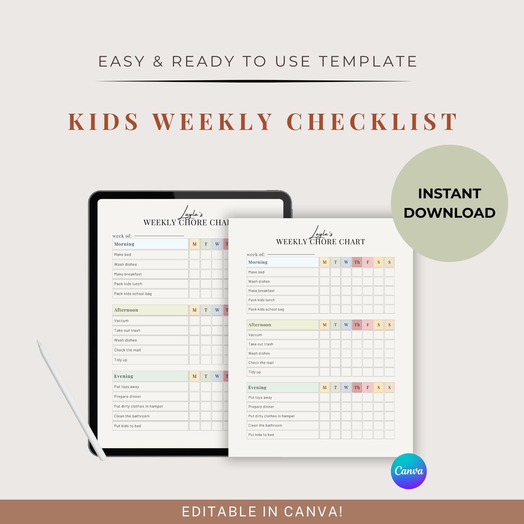 Kids Weekly Chore Chart | Pastel Schedule, Editable Template (digital ...