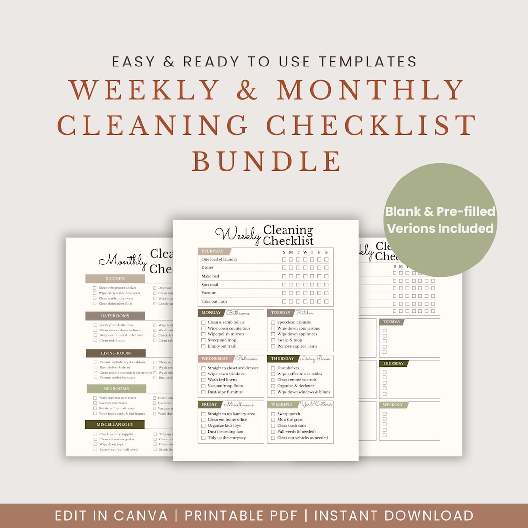 Weekly Monthly Cleaning Checklist Bundle | Editable Canva Planner (PDF ...