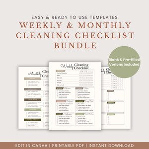 Könnte beinhalten: Ein Bundle mit druckbaren Reinigungs-Checklisten. Das Design zeigt eine wöchentliche und monatliche Reinigungs-Checklisten-Vorlage mit einer neutralen Farbpalette. Der Text enthält "Weekly & Monthly Cleaning Checklist Bundle" und "Easy & Ready to Use Templates".