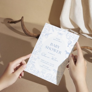 Blue Toile Safari Baby Shower Invitation | Editable Jungle Animal Baby Shower Template | Baby Boy Baby Shower | Printable Canva Invite