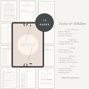 May include: A digital planner with 12 pages, featuring event and holiday planning templates. Includes party, travel, and gift planning pages. The planner has a neutral color scheme with text that reads "Events & Holidays."