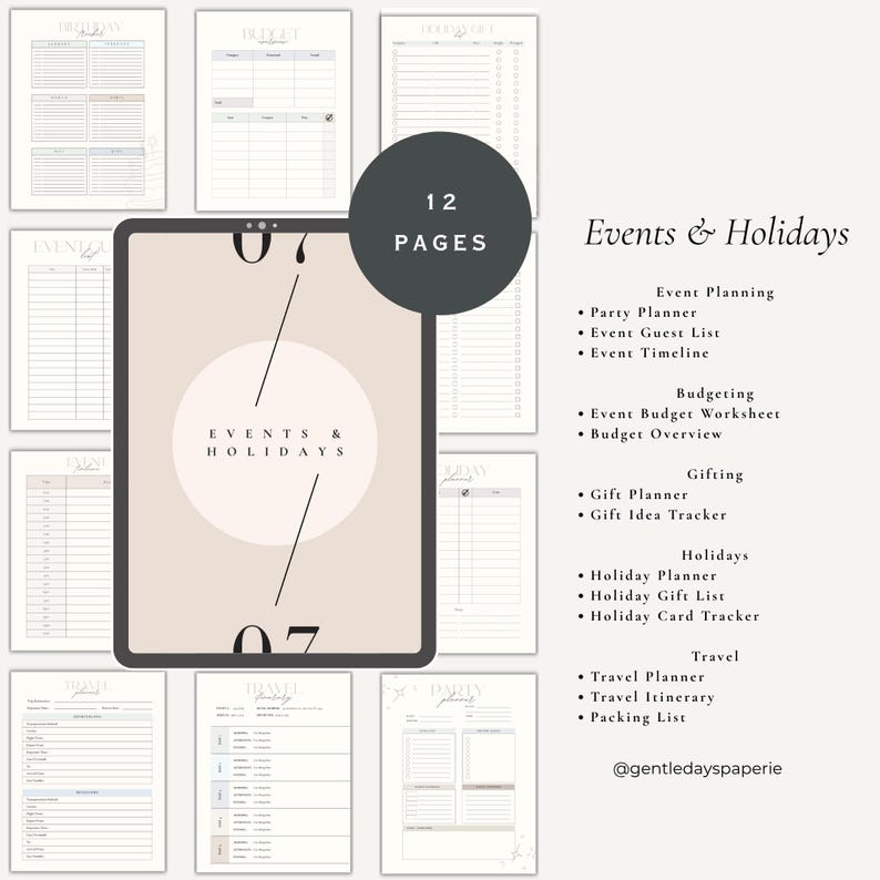 May include: A digital planner with 12 pages, featuring event and holiday planning templates. Includes party, travel, and gift planning pages. The planner has a neutral color scheme with text that reads "Events & Holidays."