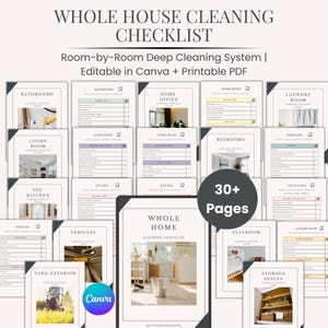 May include: A collection of printable cleaning checklists for various rooms, including bathrooms, bedrooms, and the kitchen. The checklists are editable in Canva and available as a printable PDF. The image includes the text "WHOLE HOUSE CLEANING CHECKLIST".