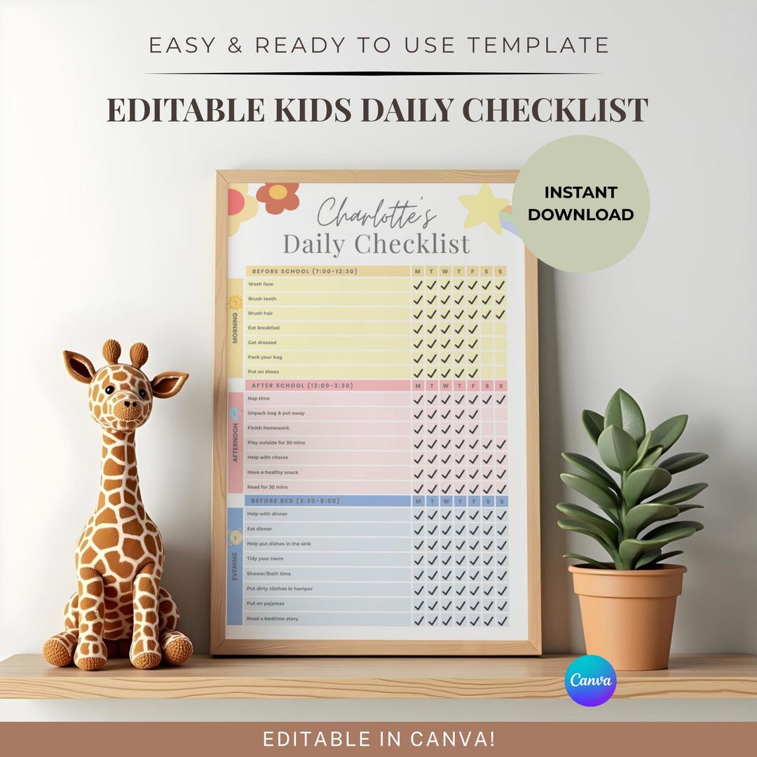 Kids Daily Checklist | Editable Routine Chart, Canva Template (PDF ...