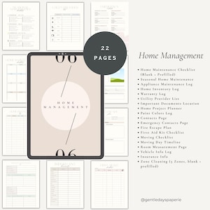 May include: A digital home management planner with 22 pages, including checklists, logs, and planning tools. The planner features a neutral color scheme and includes sections for maintenance, inventory, and emergency contacts. The text "Home Management" is displayed prominently.