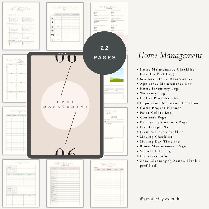 May include: A digital home management planner with 22 pages, including checklists, logs, and planning tools. The planner features a neutral color scheme and includes sections for maintenance, inventory, and emergency contacts. The text "Home Management" is displayed prominently.