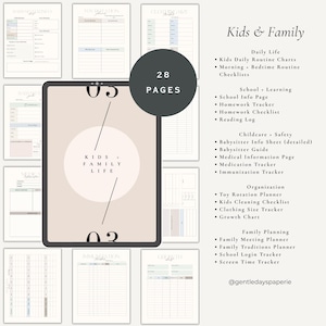 May include: A digital planner with a beige background, featuring a tablet with the words "Kids & Family" and a list of planning pages. The planner includes sections for daily life, school, childcare, organization, and family planning. The planner has 28 pages.